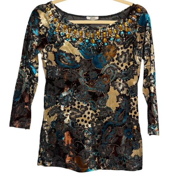 Cache Sweaters - CACHE Y2K Beaded Velvet Lightweight Sweater. Paisley, Leaves, Floral. Size: S